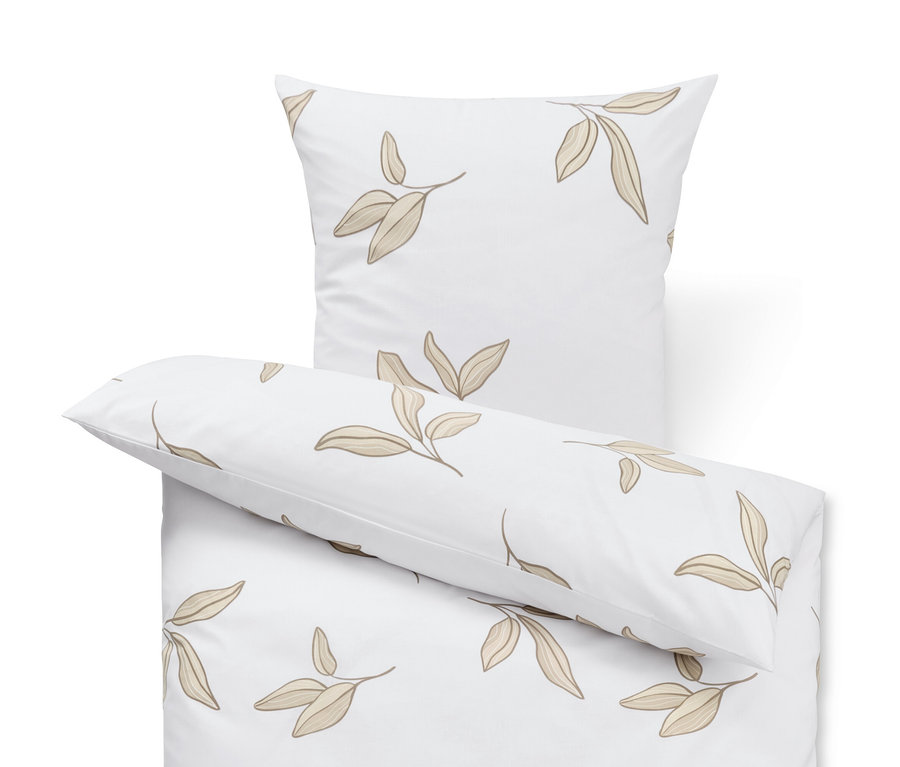 Weiße Renforcé-Bettwäsche mit Blattmuster.