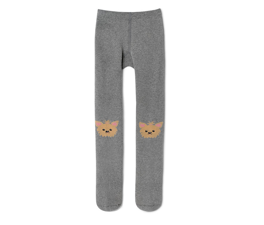 Graue Kinder-Thermostrumpfhose mit Hundebildern auf den Knien.