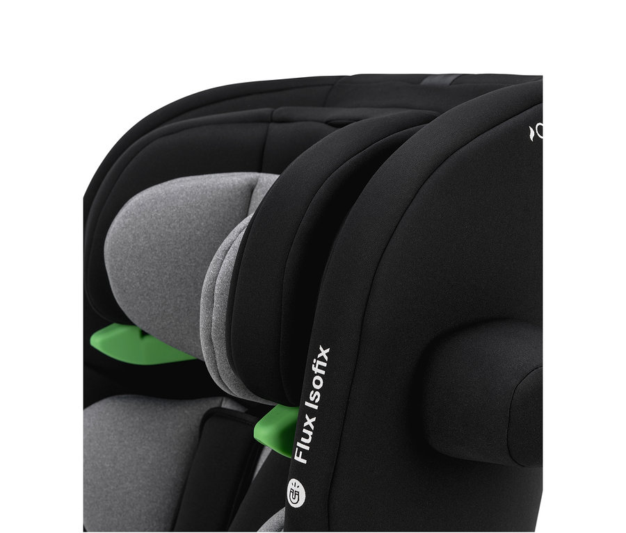 Detailansicht eines Osann »Flux Isofix i-Size« Kinderautositzes in Schwarz-Grau.
