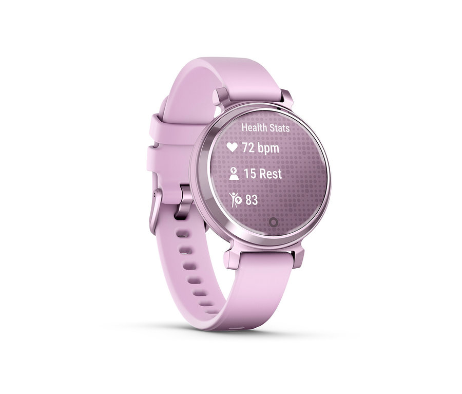 Nahaufnahme einer lila GARMIN »Lily® 2« Smartwatch, die Gesundheitsstatistiken anzeigt.