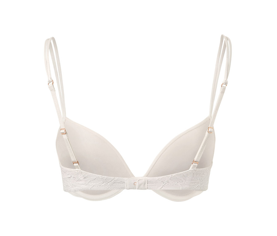 Cremefarbener Push-up-BH mit Spitzenband und Doppelträgern.