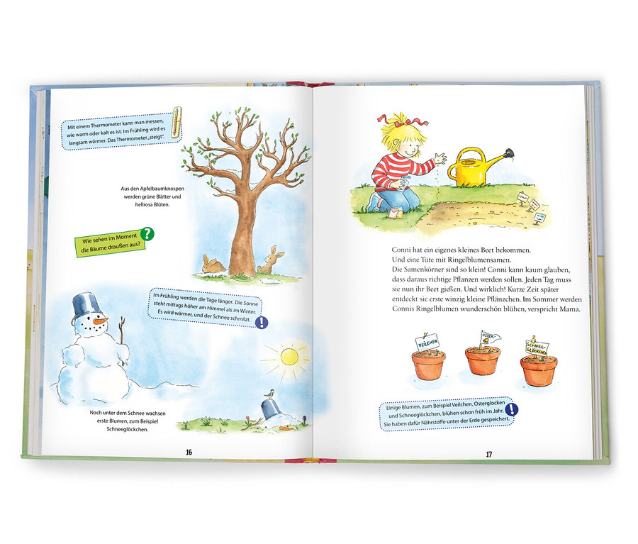 Offenes Buch illustriert, wie Conni ein Beet gießt und Blumen zieht, Buch »Durch das Jahr mit Conni«.