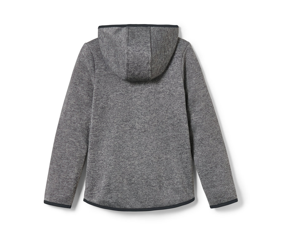Graue Kinder-Strickfleecejacke mit Kapuze von hinten.