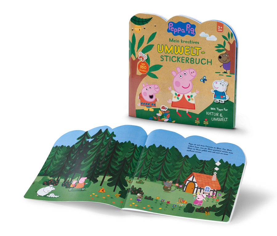Zwei Bücher. Ein geschlossenes »Peppa Pig ‒ mein kreatives Umwelt-Stickerbuch«. Ein offenes Buch zeigt eine Waldszene.