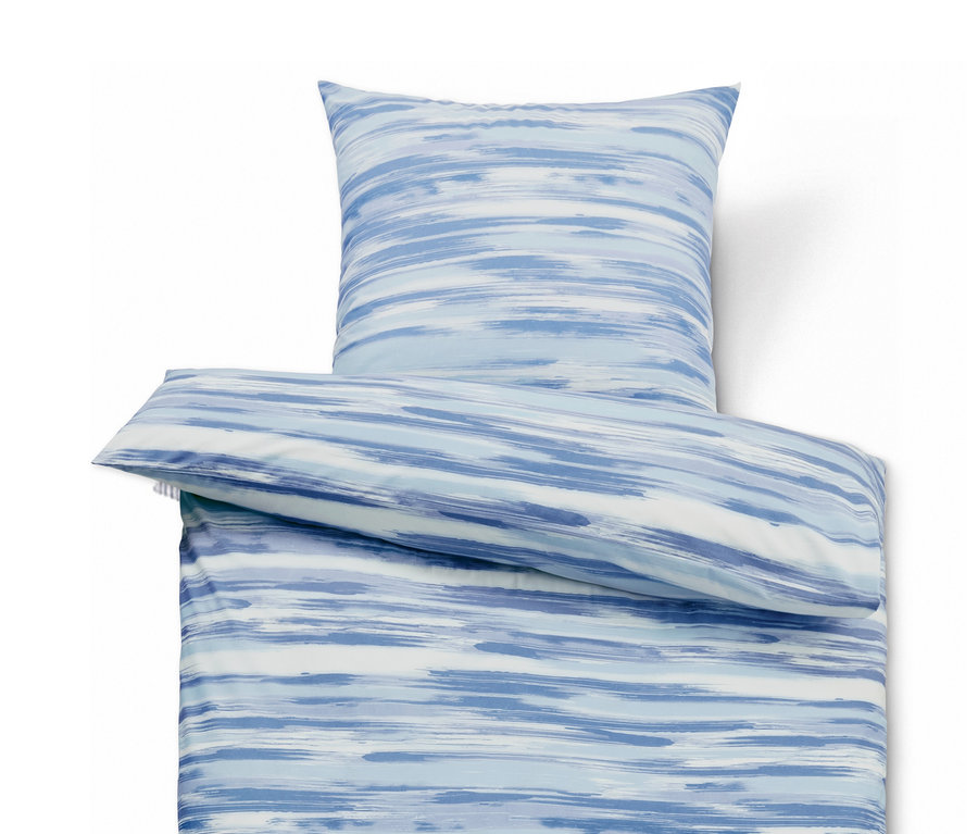 Bettwäsche mit blau-weißen horizontalen Streifen. Premium-Baumwoll-Bettwäsche, Normalgröße.