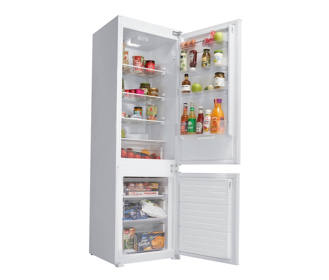 Geöffneter weißer Respekta Kühl-Gefrierkombination »GKE178N«, E (von A bis G) voll mit Lebensmitteln.