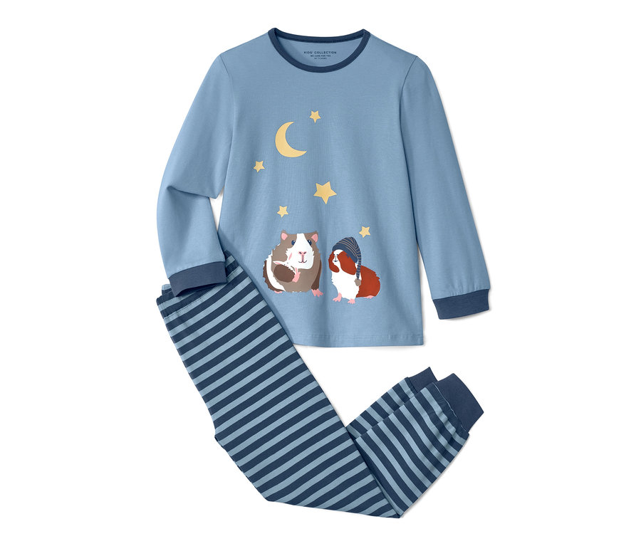Blauer Kleinkind-Pyjama mit Meerschweinchen-, Mond- und Sternenmuster.