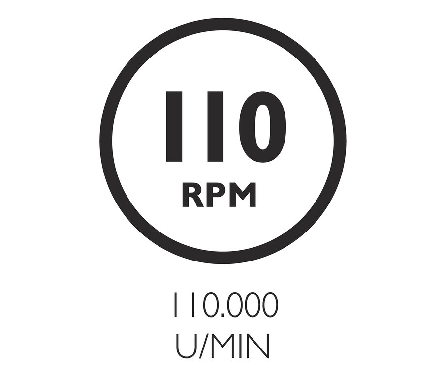 Schwarze Nummer 110 im Kreis über dem Text RPM und 110.000 U/MIN.