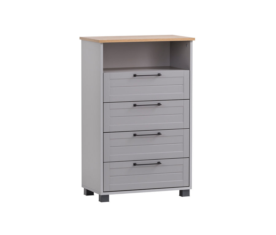 Graue Kommode mit vier Schubladen und einer hölzernen Oberseite.