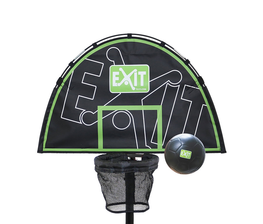 Ein EXIT Trampolin-Korb, grün-schwarz, und ein schwarzer Ball.