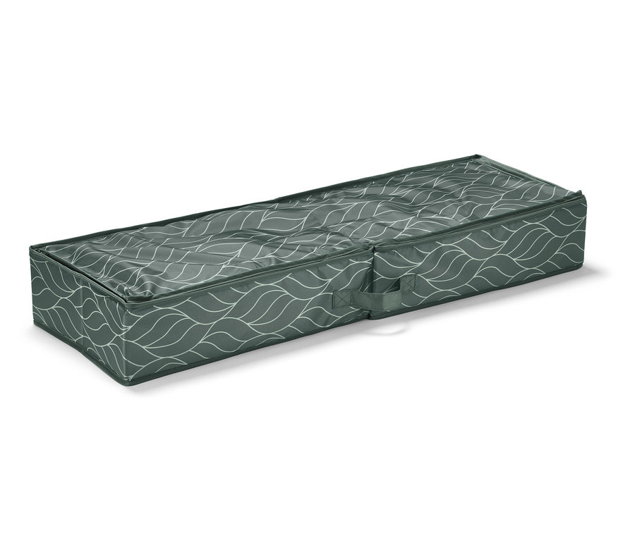 Ein grüner Geschenkpapier-Organizer mit weißem Wellenmuster.