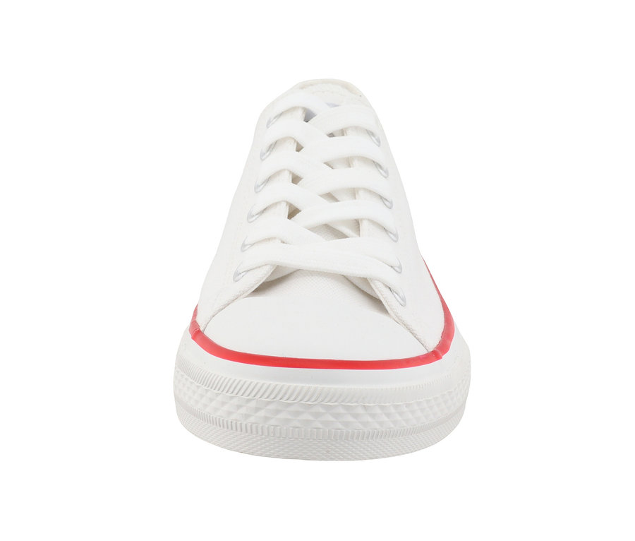Weißer Tom Tailor Sneaker Textil mit roter Linie an der Sohle.