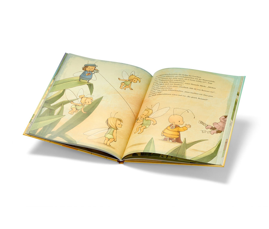 Aufgeschlagenes Buch mit Illustrationen von Insektenfiguren.