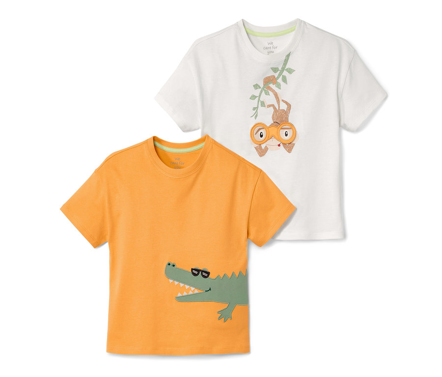 Zwei Kinder-T-Shirts: ein oranges mit Krokodil, ein weißes mit Affe.