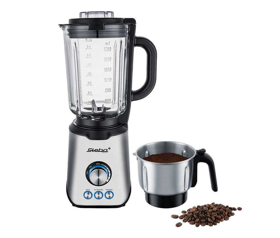Silberner Steba Standmixer MX 4 Plus mit Messbecher, Behälter mit Kaffee und Kaffeebohnen.