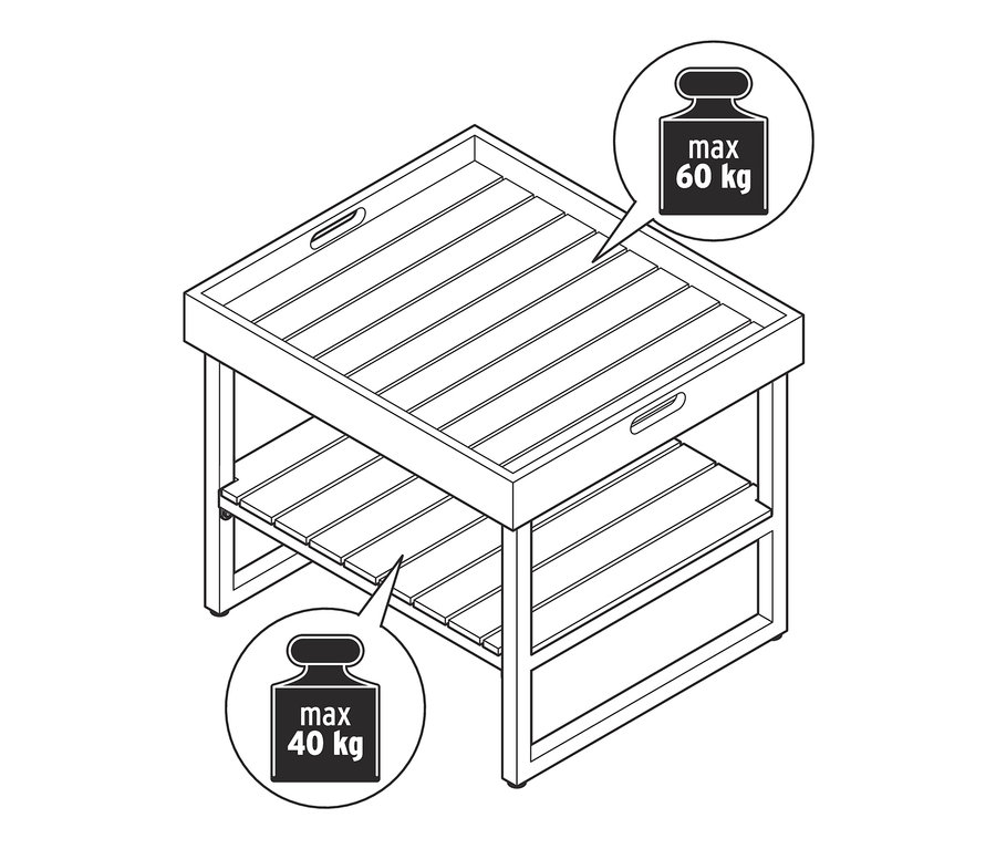 Skizze eines Couchtischs mit abnehmbarer Tablett-Tischplatte, wobei die obere Ablage bis max. 60 kg und die untere Ablage bis max. 40 kg belastbar ist.