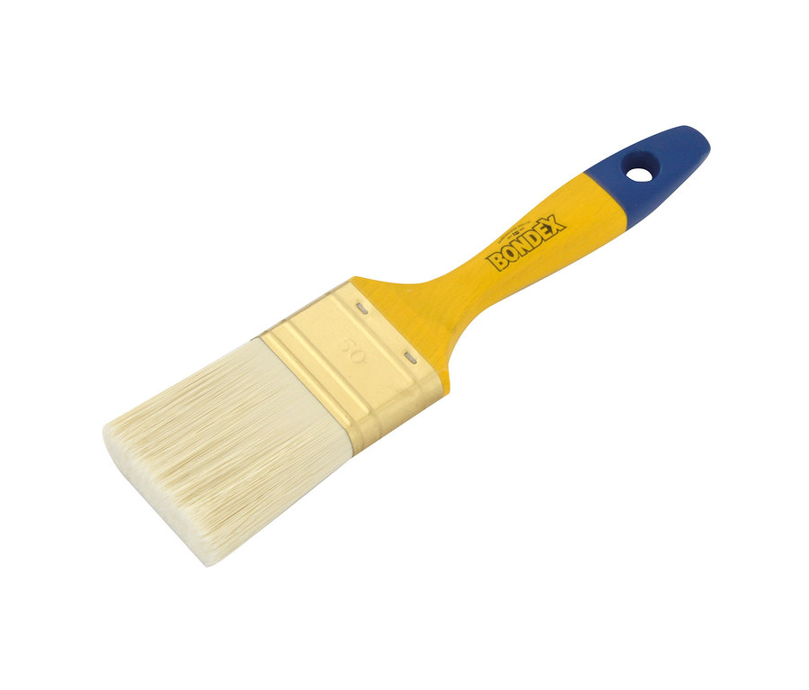 Nahaufnahme eines Bondex Flachpinsels mit gelbem Griff und blauem Ende.