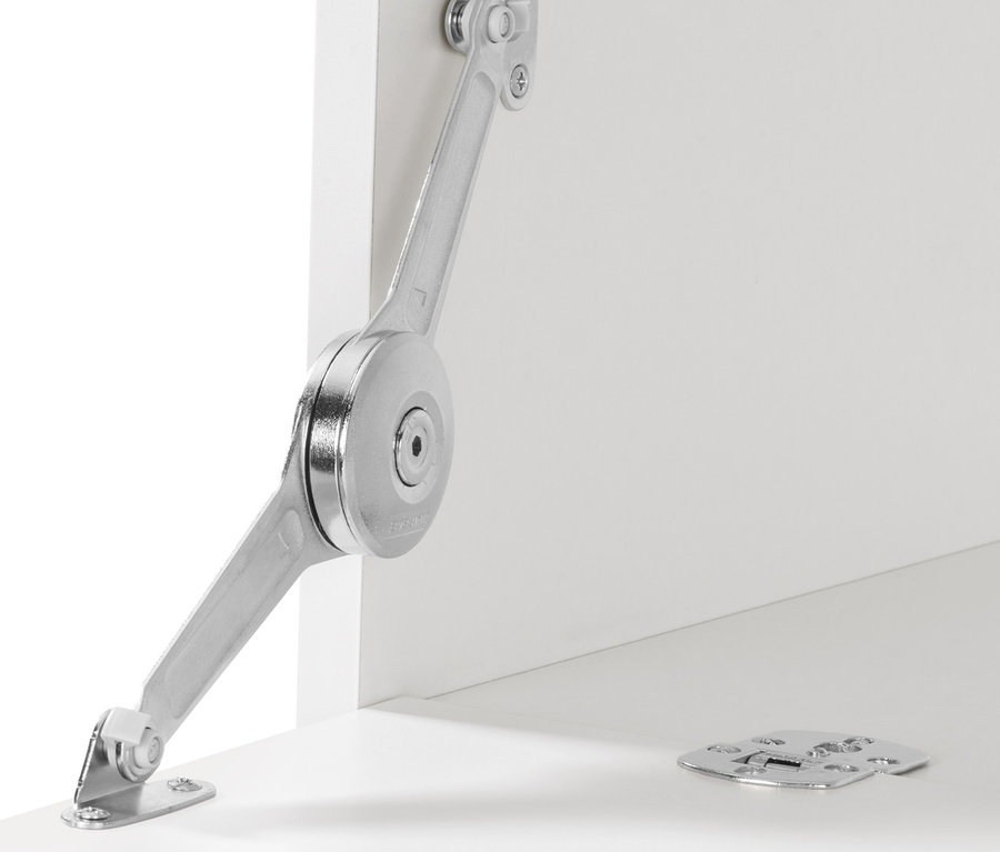 Detailansicht des Mechanismus eines Waschmaschinenschranks mit aufklappbarer Arbeitsfläche.