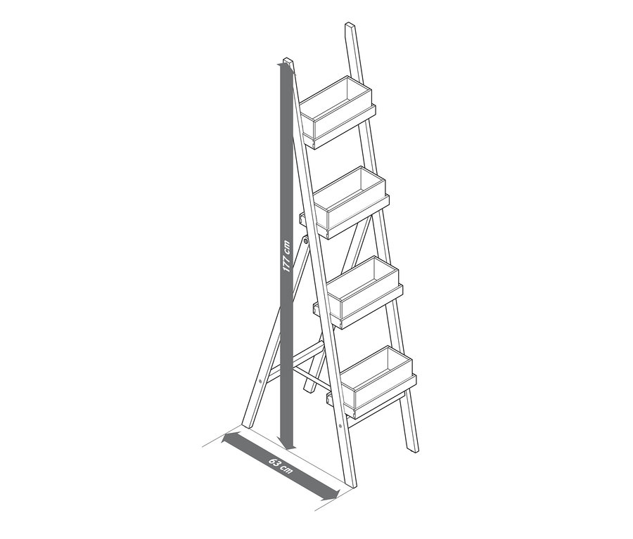 Illustration einer zusammenklappbaren Pflanzenleiter mit vier Pflanzkästen.