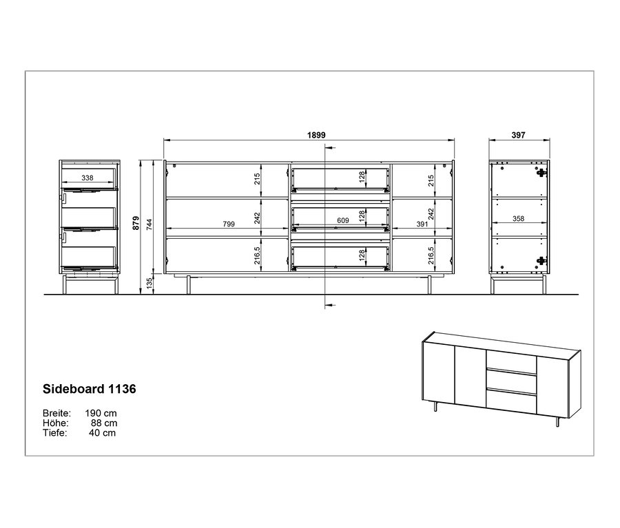 Technische Zeichnung des Sideboards Cantoria mit Maßangaben.
