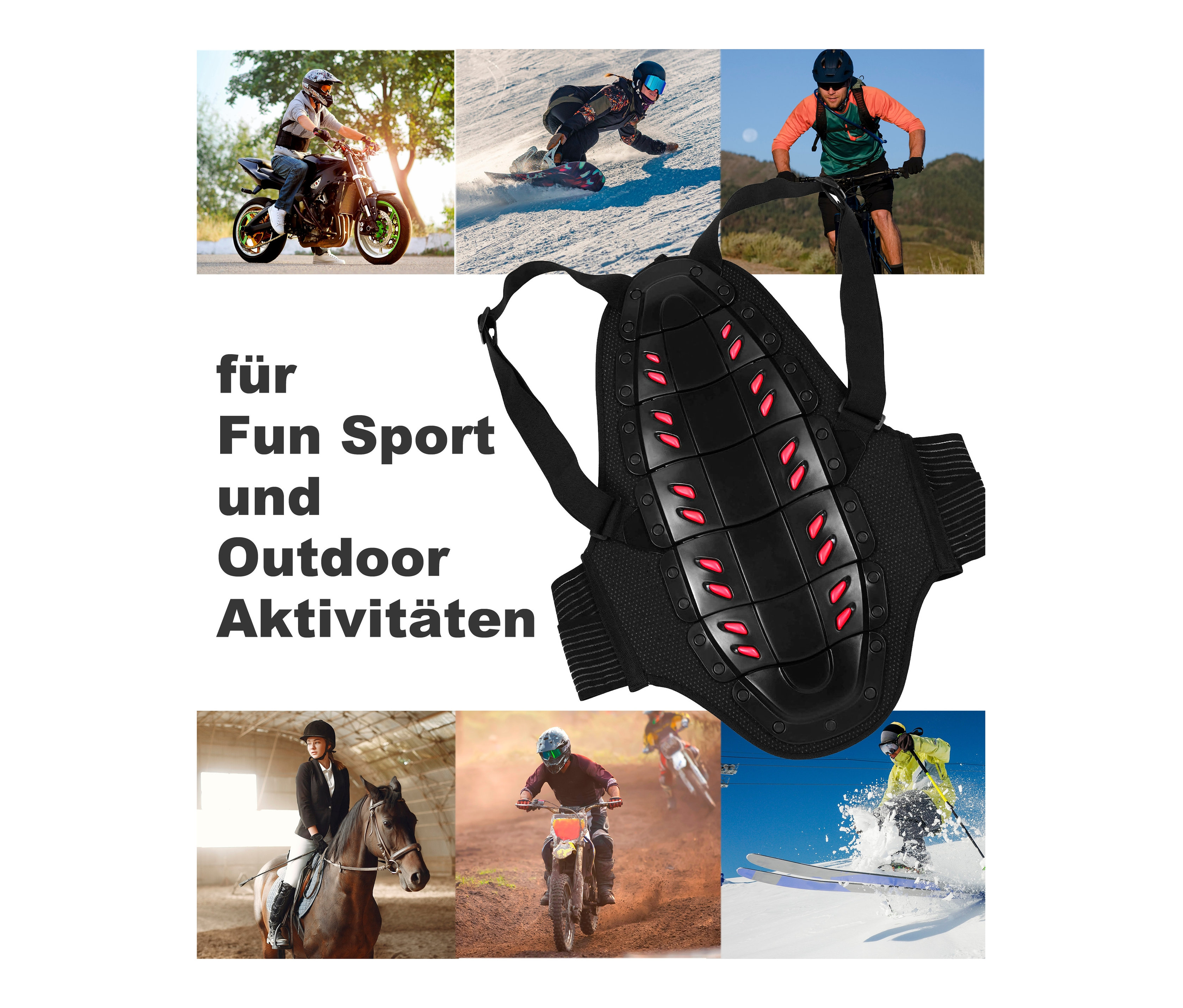 Collage zeigt Menschen bei verschiedenen sportlichen Aktivitäten und L.A. Sports Rückenprotektor Spine-6.