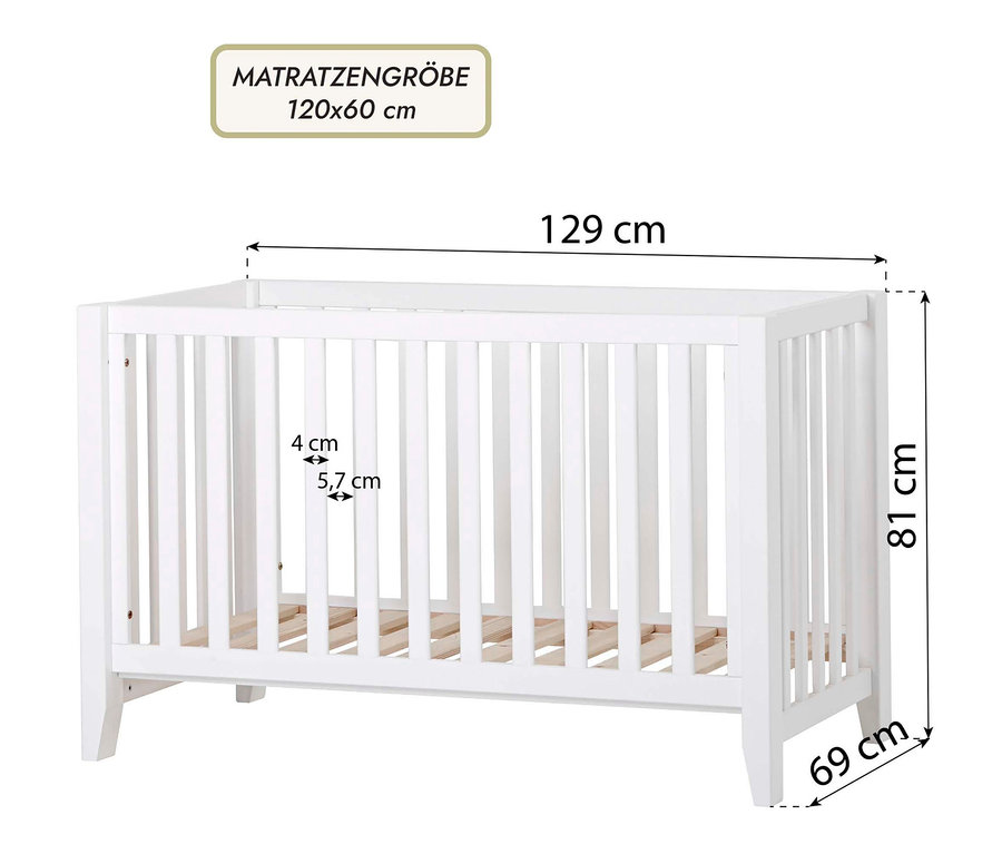 Weißes Hoppekids Babybett »Anton« mit den Maßen 129 x 69 x 81 cm.