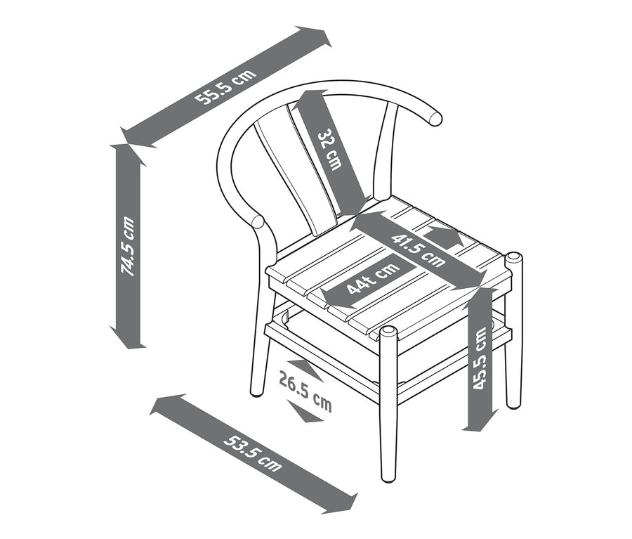Eine Skizze des Teak-Design-Essstuhls mit hervorgehobenen Abmessungen.