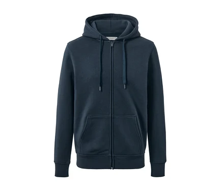 Marineblaue Kapuzenjacke mit Reißverschluss in der Mitte.