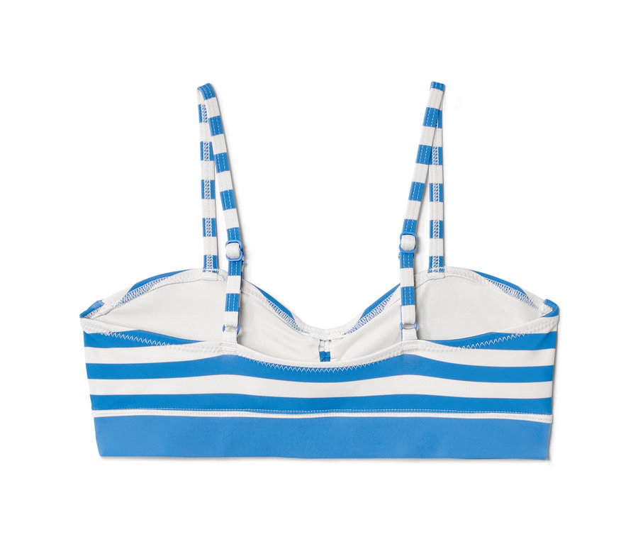 Detailansicht von einem Kinder-Bikini-Set, 3-teilig, mit blauen und weißen Streifen.