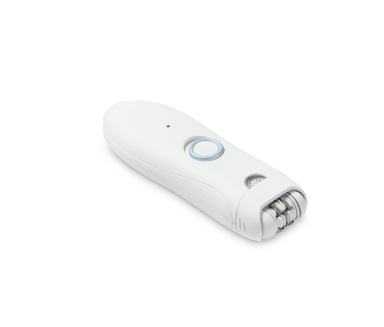 Ein weißer Gesichtsepilierer liegt auf einem weißen Hintergrund.