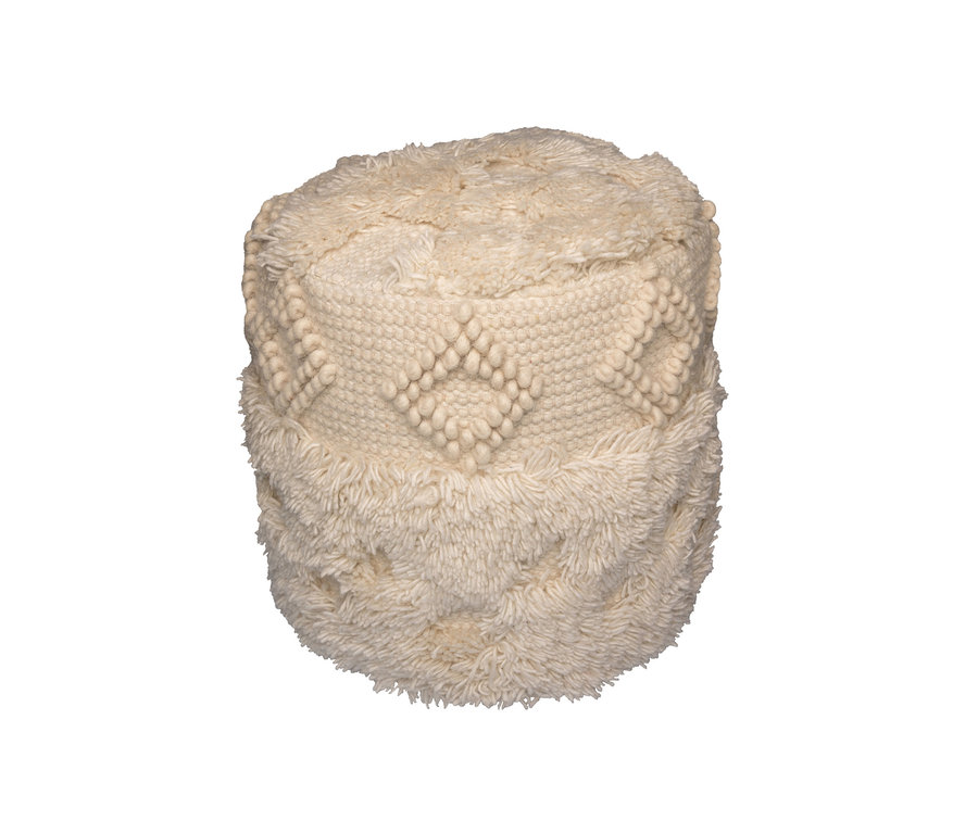 Ein cremefarbener Kayoom Pouf »Bohist« mit Textur und Fransen.