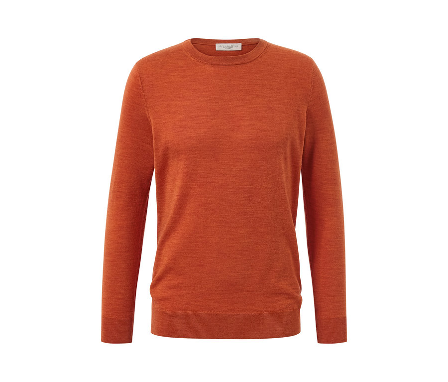 Orangefarbener Merino-Pullover.