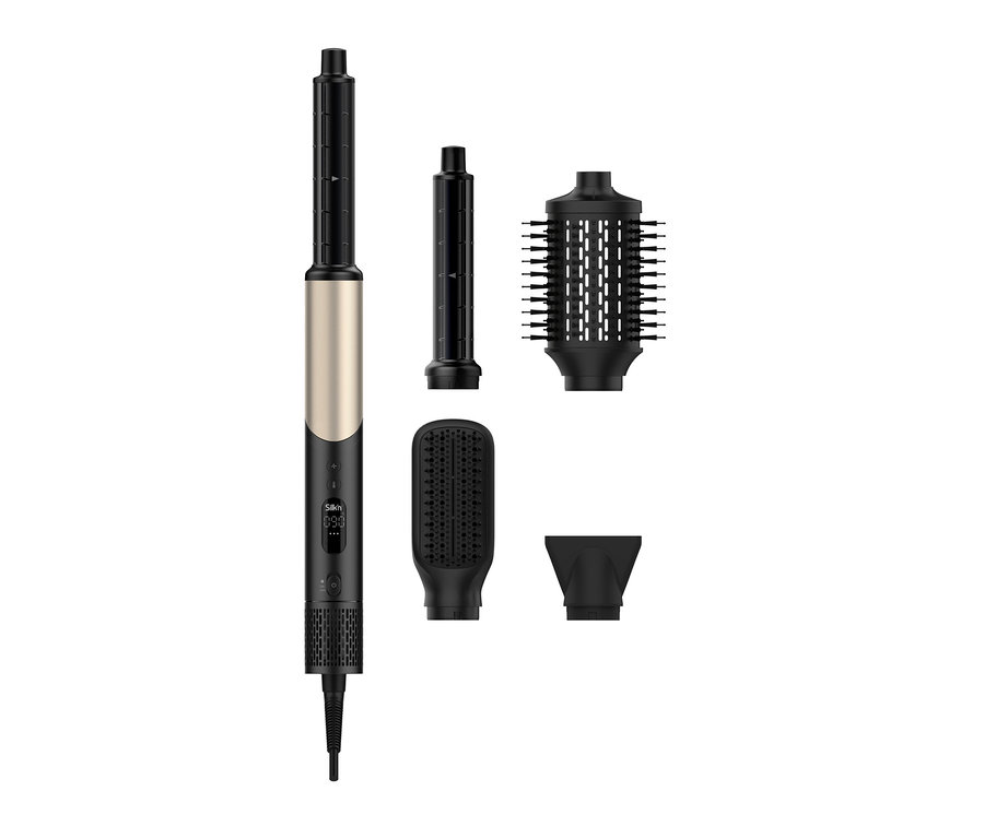 Schwarzer Silk'n Multihaarstyler »SilkyAirFlex« mit verschiedenen Aufsätzen.