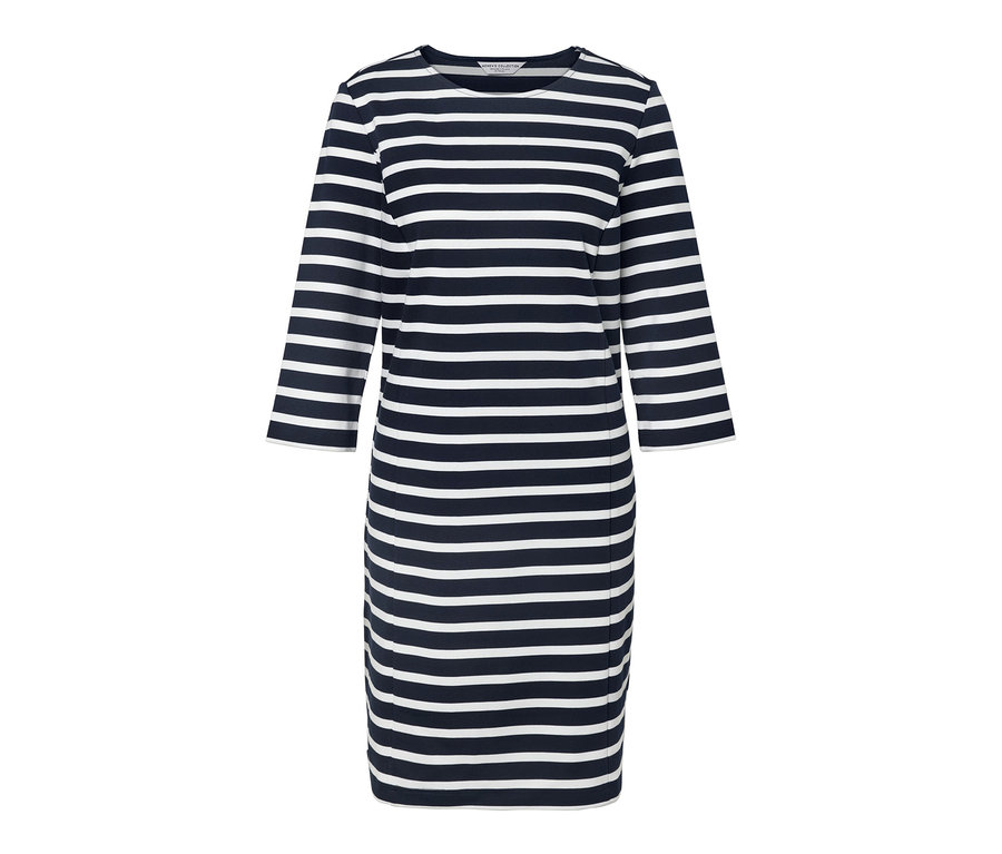 Gestreiftes Sweatkleid in Blau und Weiß.