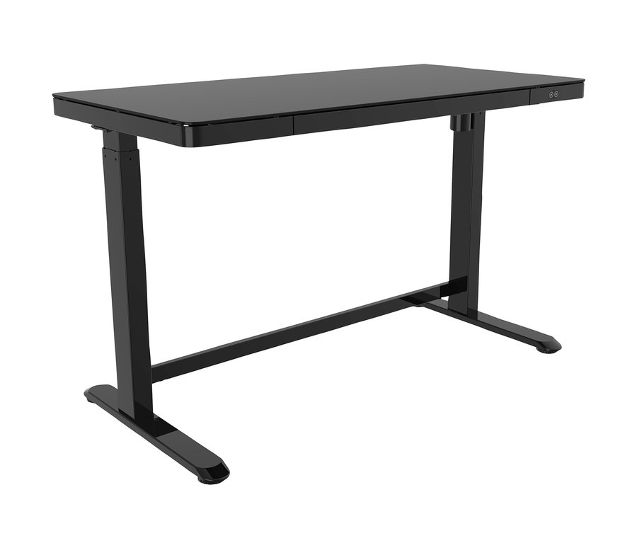 Ein schwarzer, höhenverstellbarer Schreibtisch von MEDION®, 120 x 60 cm.