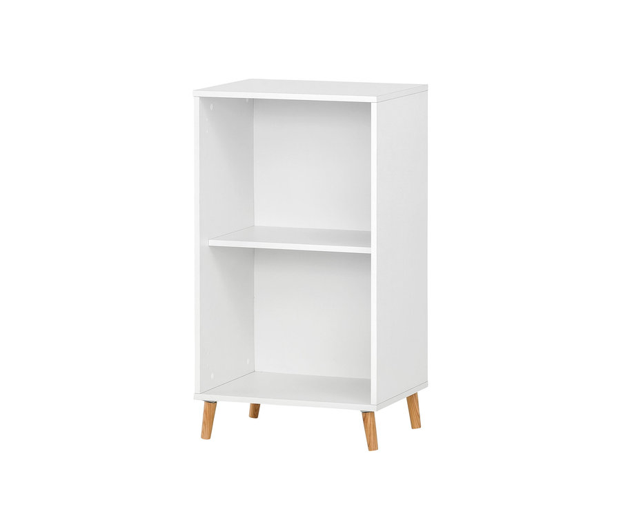 Weißes Regal mit zwei Fächern und Holzfüßen. Zu sehen ist ein Regal der »Serie 500«.