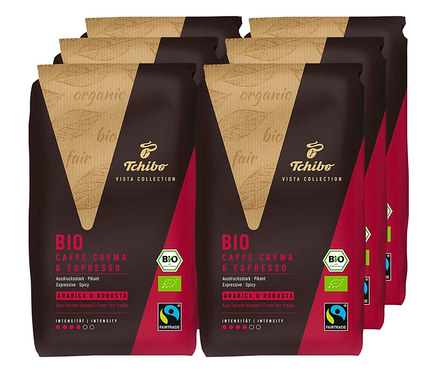 Sechs Packungen Vista Collection Bio Caffé Crema & Espresso - 6x 1 kg Ganze Bohne.