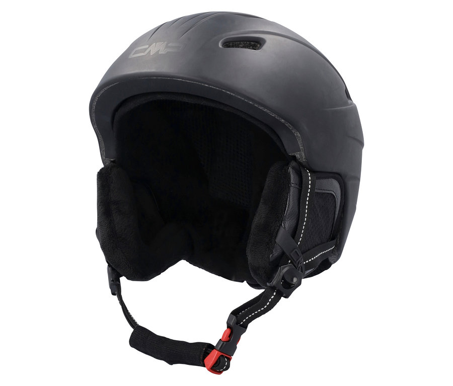 Ein schwarzer Skihelm mit Ohrenschützern.