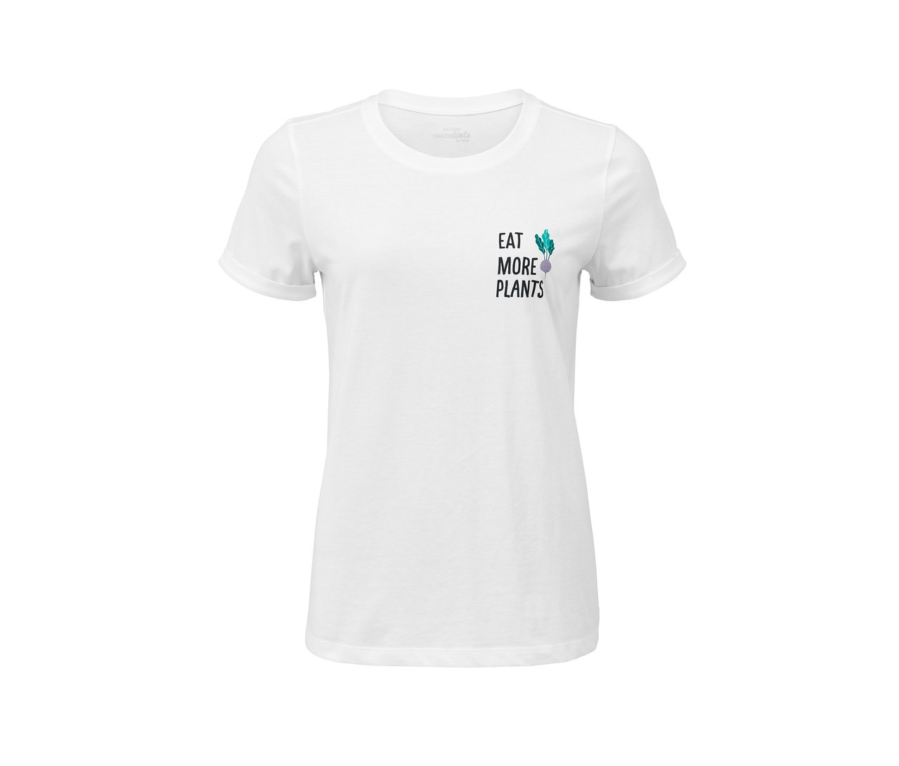 Weißes Statement-Shirt mit dem Aufdruck Eat More Plants.