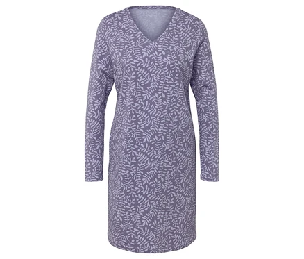 Lila Kleid mit langen Ärmeln und Blättermuster.