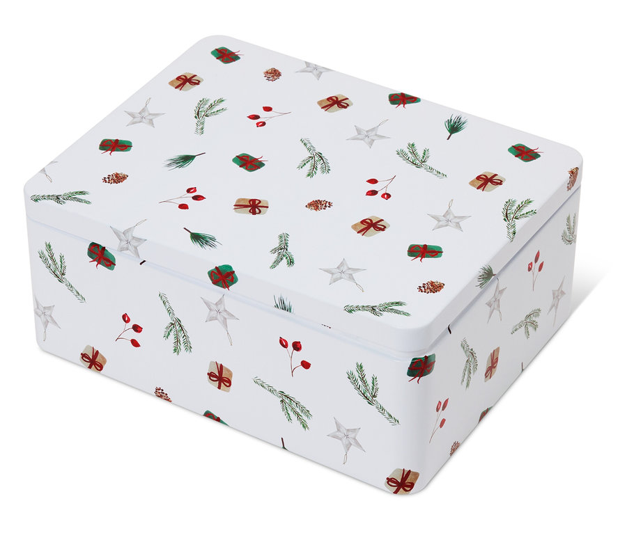 Eine weiße Blechdose mit weihnachtlichen Motiven aus Sternen, Zweigen, Beeren und Geschenken.