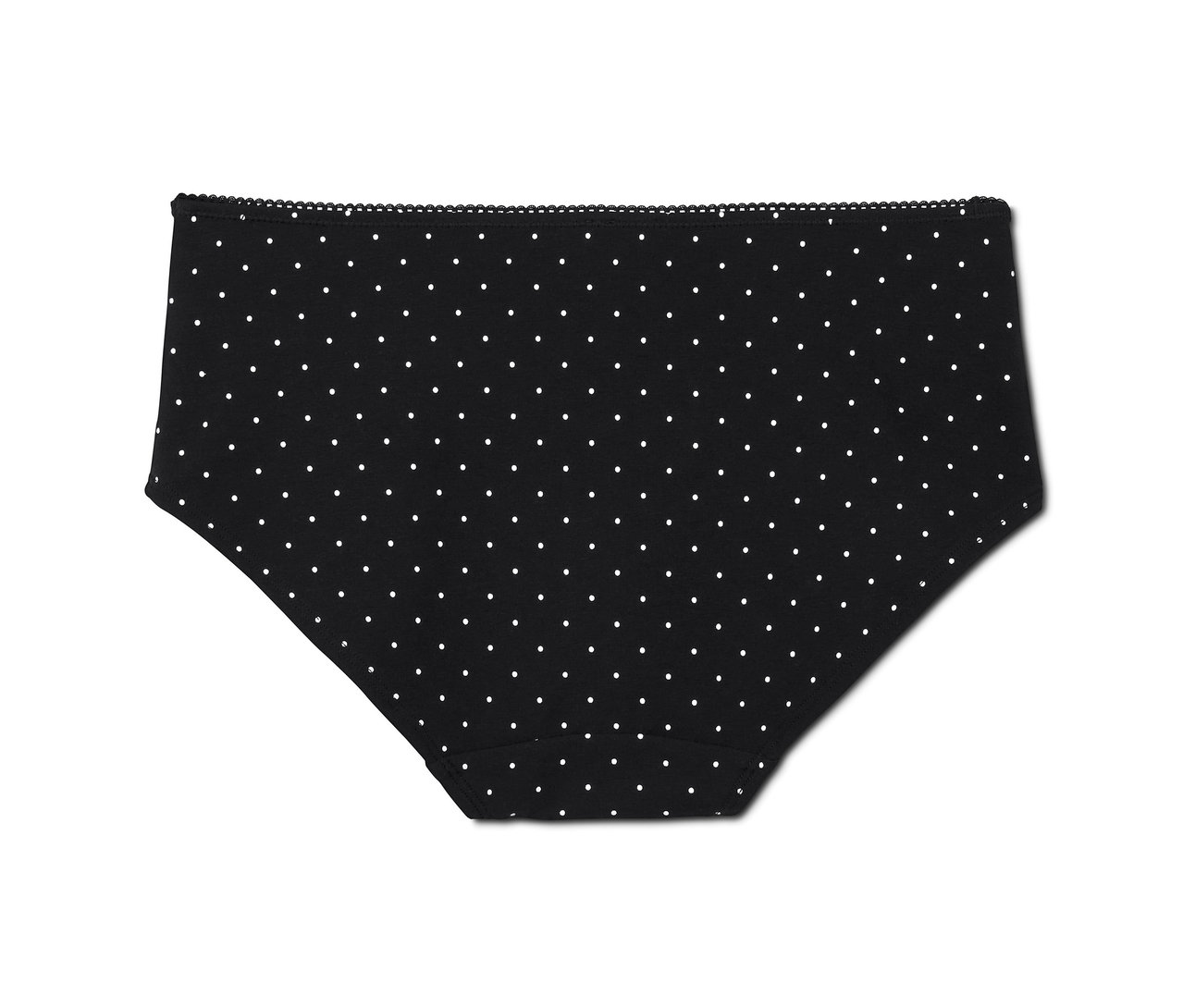 Nahaufnahme von schwarzen Pantys mit weißen Punkten.