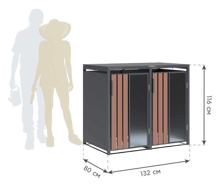 Doppelter Mülltonnenbox in Holzoptik mit Maßangaben.