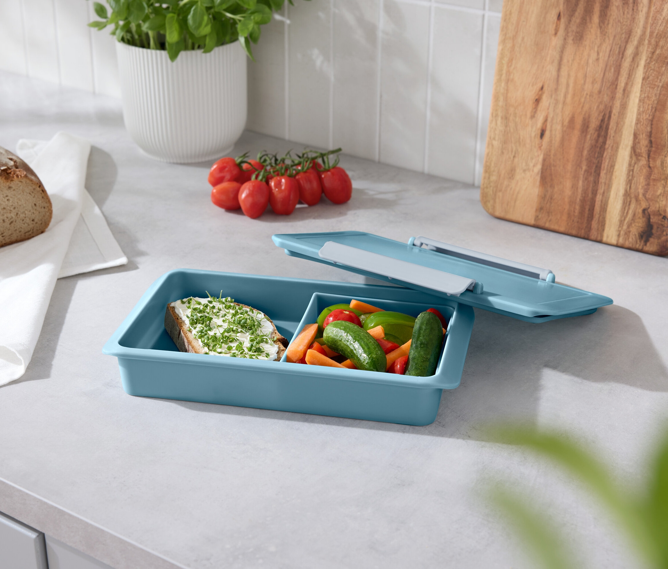 Brot, Tomaten, Basilikum und eine blaue Lunchbox mit offenem Deckel auf einer Küchentheke.