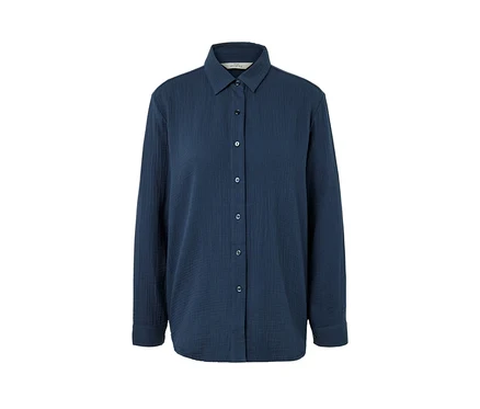 Marineblaue Musselin-Bluse mit Kragen und Knopfleiste.