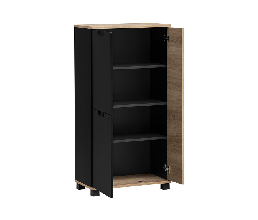 Schwarz/weißeichefarbenes Highboard »Emmik« mit geöffneten Türen.