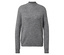 Ein grauer Strickpullover mit Rollkragen auf weißem Hintergrund.