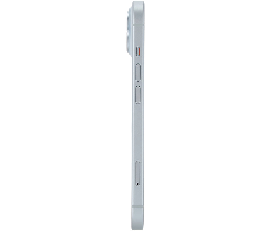 Seitenansicht eines hellblauen Apple iPhone 15 mit 128 GB.