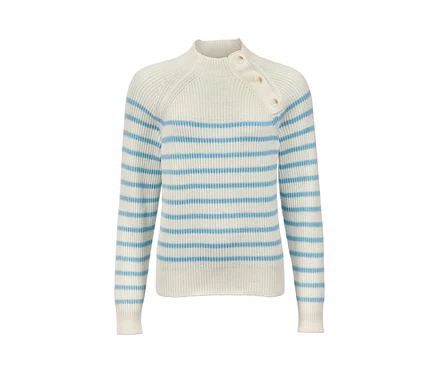 Cremefarbener Strickpullover mit hellblauen Streifen und Knopfdetails.