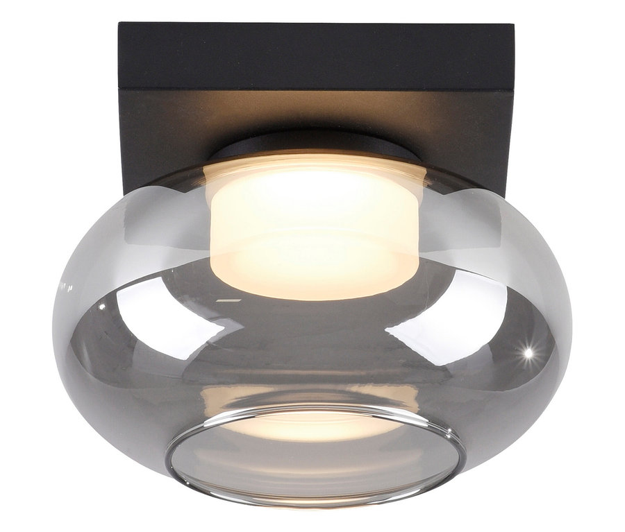 Schwarze Deckenleuchte mit rauchfarbenem Glasschirm.